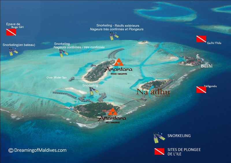 Carte des sites de plongée et snorkeling sur le site d'Anantara Dhigu