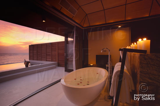 Lily Beach Maldives Water Villa Bathroom at Sunset |