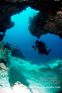 Diving in one of the many caves that the Atoll has to offer, including one of the famous spot called Nassimo Thila