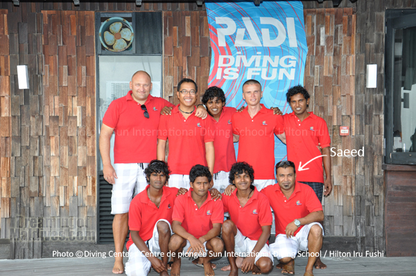 Saeed and his team at Hilton Maldives Iru Fushi Dive Center