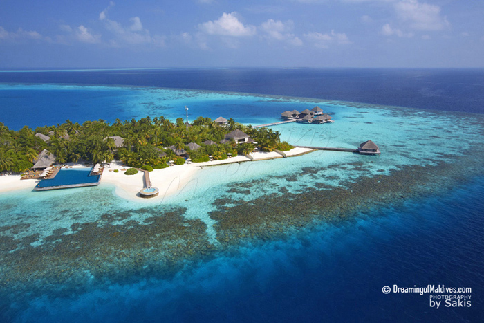 Huvafen Fushi Aerial View - The Island and the beautiful Reefs