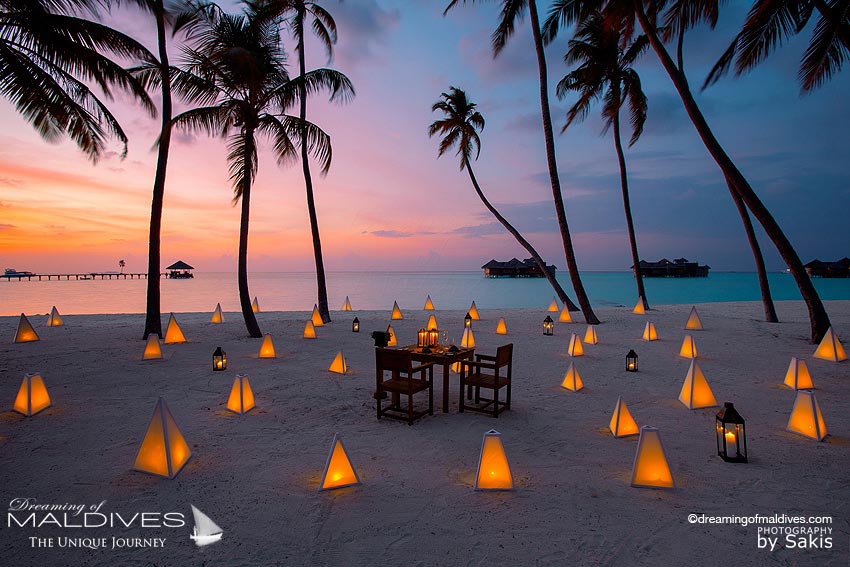 Romantic sunset beach dinner at Gili Lankanfushi Maldives