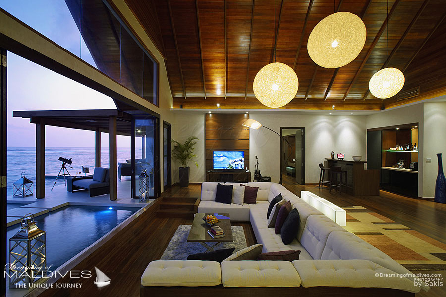 Niyama Maldives Ocean Pavilion with Pool - The Living Room at sunset