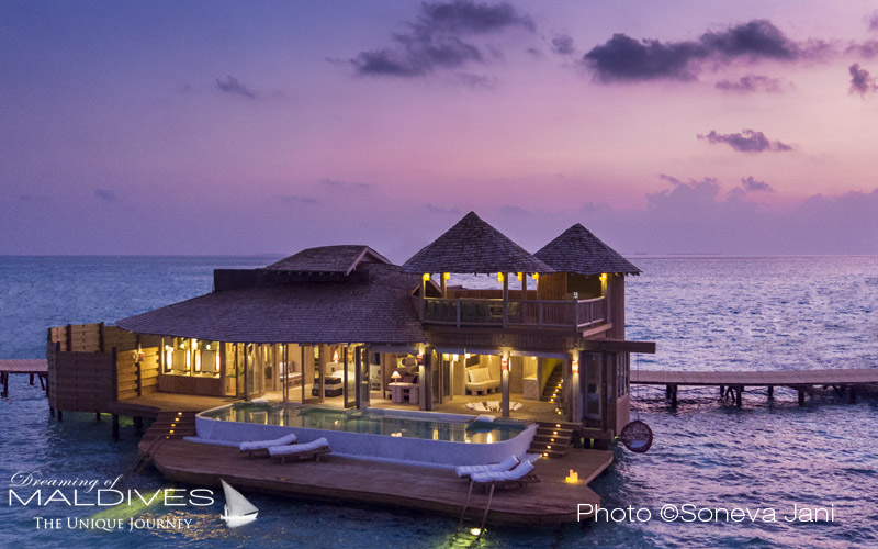 Soneva Jani water villa at sunset