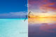 vues de rêve aux Maldives avant et après coucher de soleil