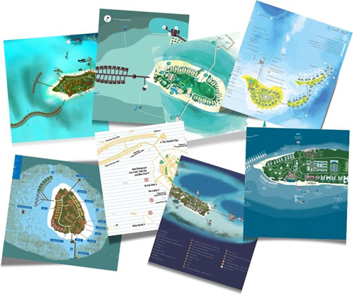 collection de cartes et plans détaillés de différents hôtels des Maldives