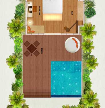 Huvafen Fushi Deluxe Beach Bungalows avec piscine Plan de la villa