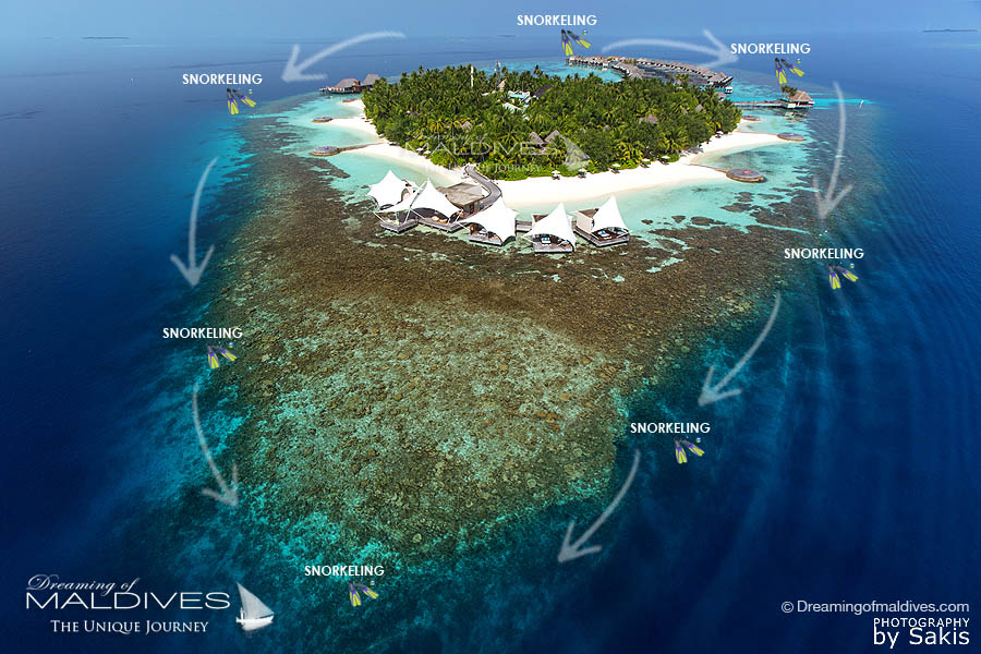 Où faire snorkeling autour de l'ile de W Maldives. carte des sites