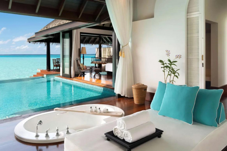 Anantara Kihavah, salle de bain des villas sur pilotis