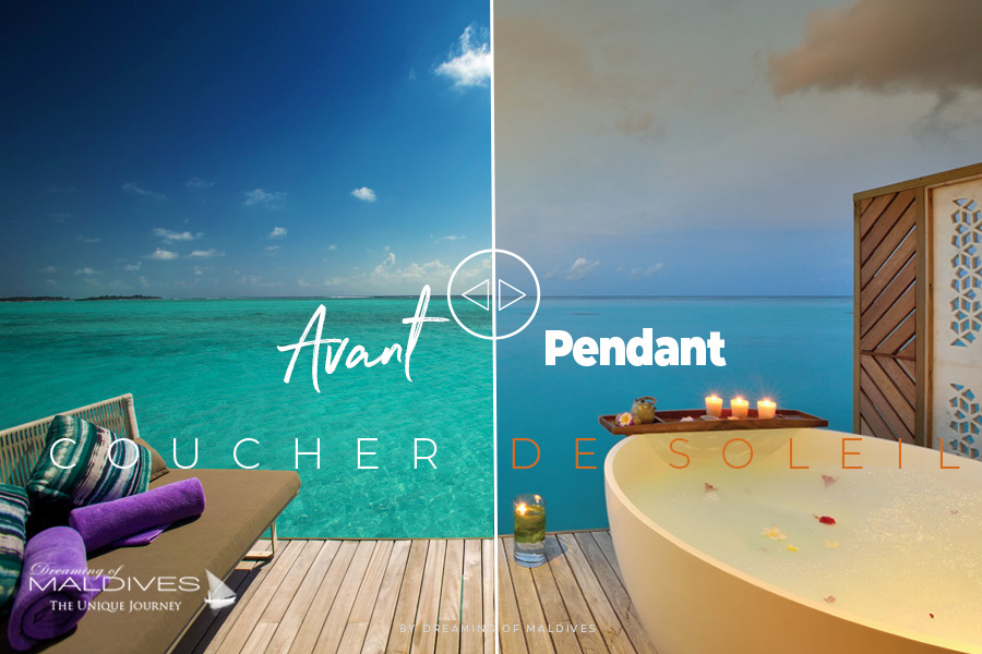 La vue sur le lagon depuis le spa d'OZEN at Maadhoo Maldives Avant et Pendant le Coucher de Soleil