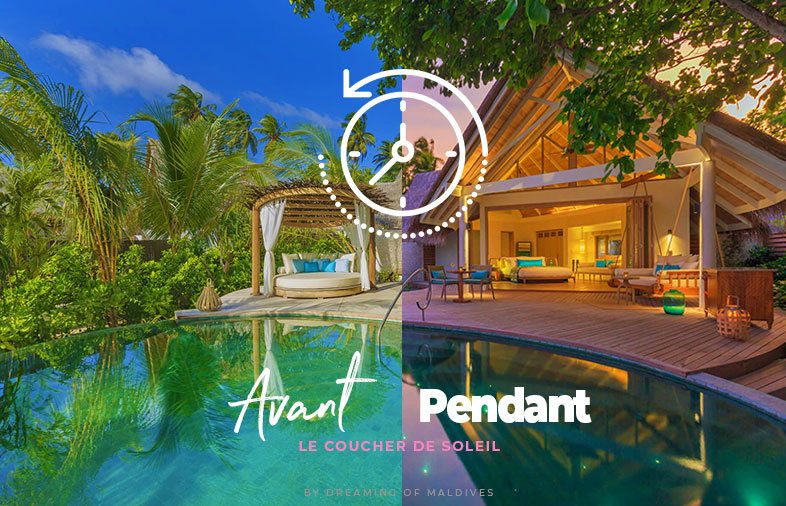 LA VUE DEPUIS UNE VILLA SUR PLAGE À MILAIDHOO AVANT / PENDANT LE COUCHER DE SOLEIL