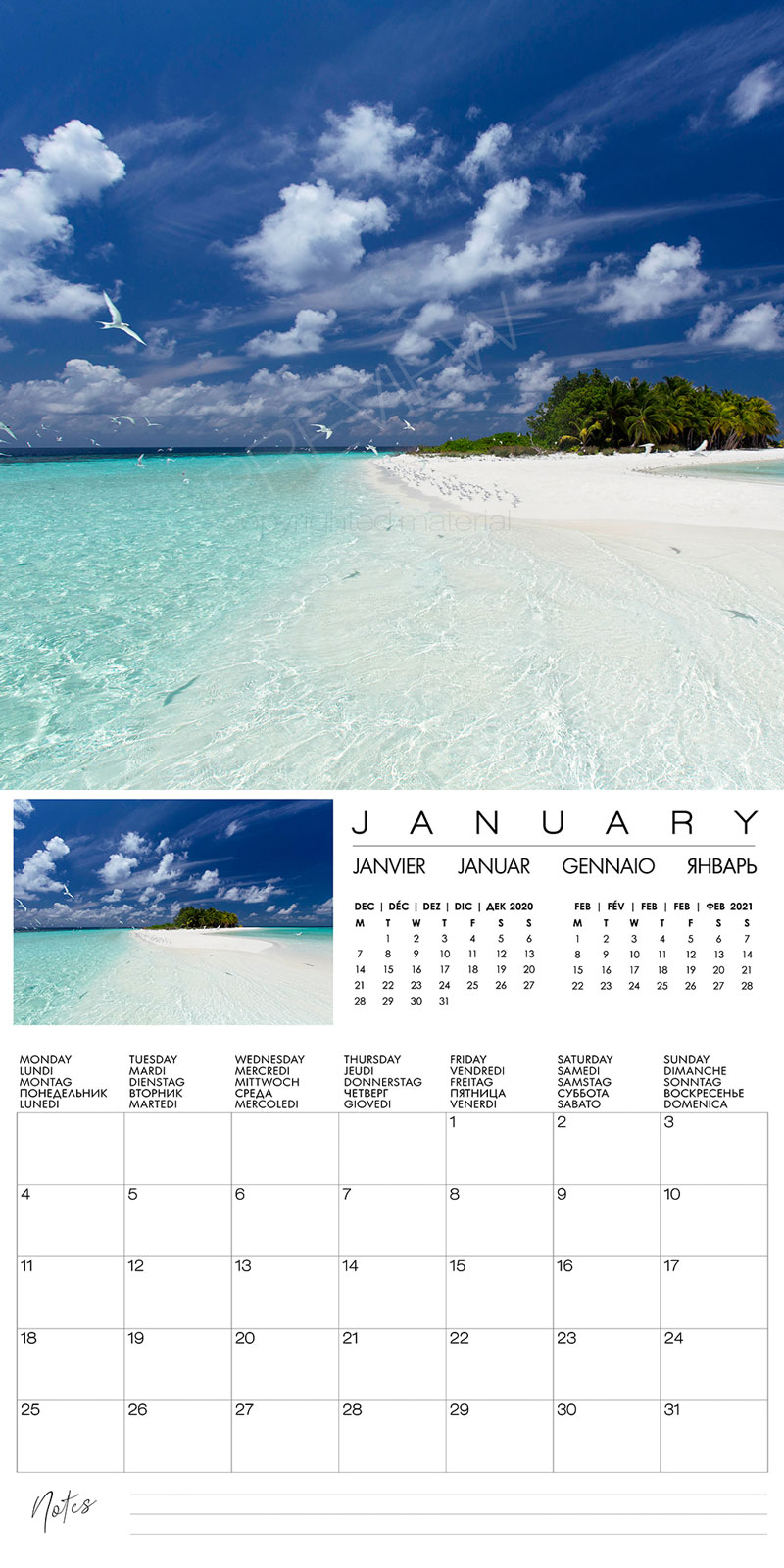 calendrier mural iles maldives 2020