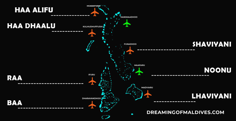 Carte de Tous les aéroports domestiques et internationaux des Maldives