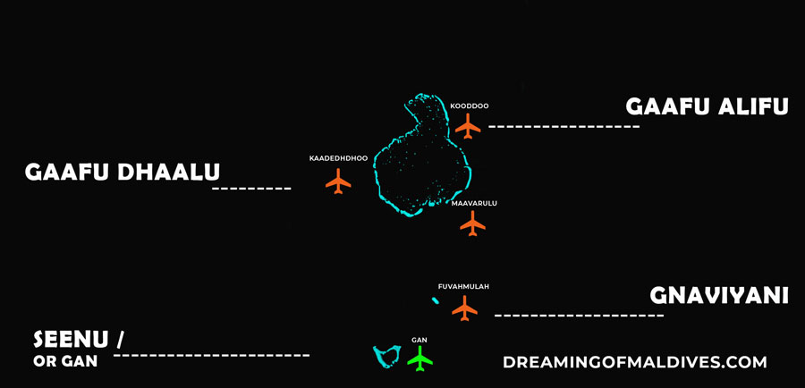 Carte de tous les aéroports des atolls sud des maldives