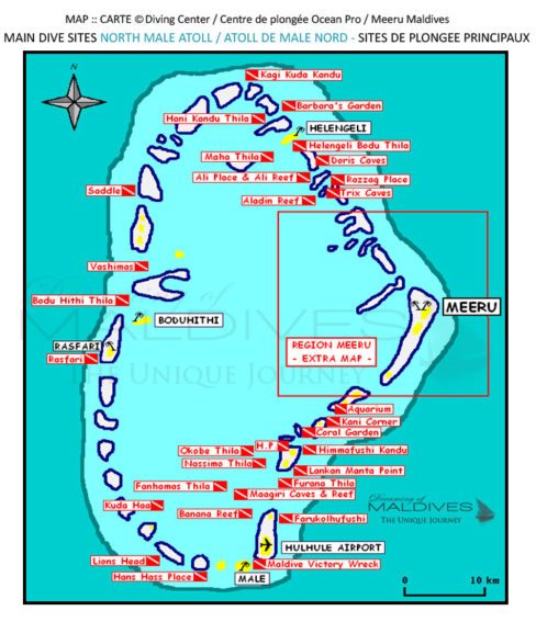 Carte Plongées Meeru Maldives . Atoll Nord de Male