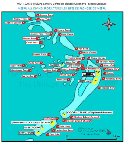 Carte Plongées Meeru Maldives . Atoll Nord de Male