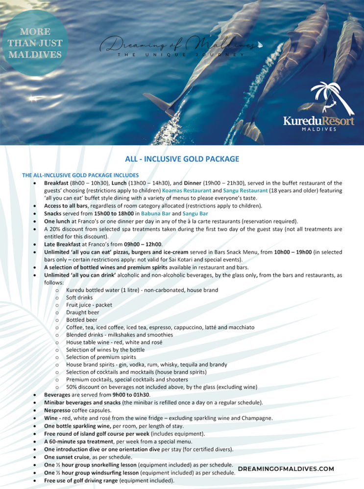 La formule Tout Inclus GOLD Kuredu MAldives en détail
