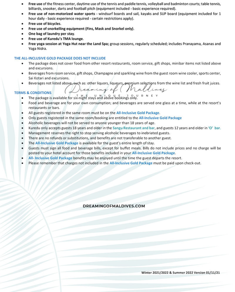 La formule Tout Inclus GOLD Kuredu Maldives en détail
