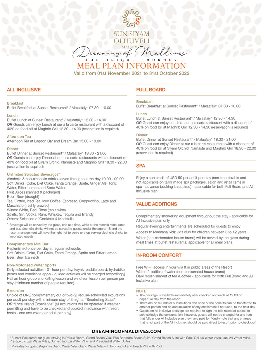 La formule Tout Inclus de l'hôtel Sun Siyam Olhuveli Maldives 4* étoiles