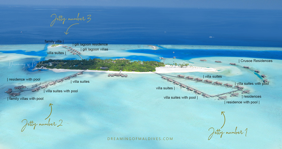 Carte aerienne de Gili Lankanfushi montrant toutes les Villas