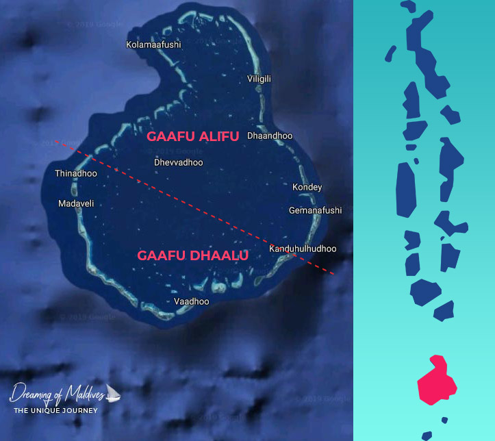 Atoll Huvadhu maldives . Divisé en 2 parties : Gaafu Alifu et Gaafu Dhaalu