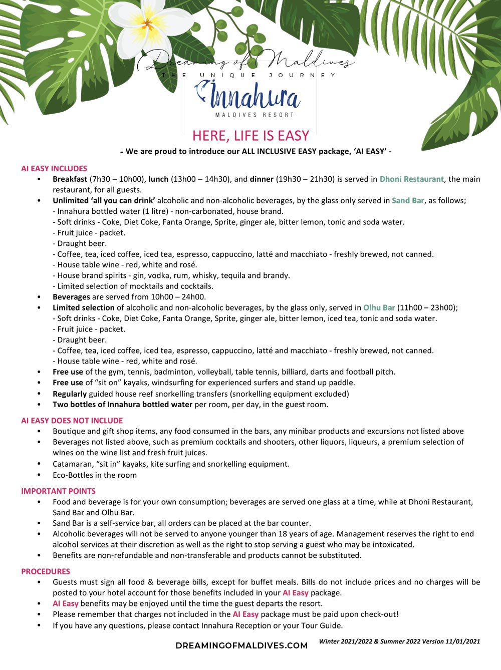 Innahura Maldives La formule Tout-Inclus All Inclusive Easy en détail