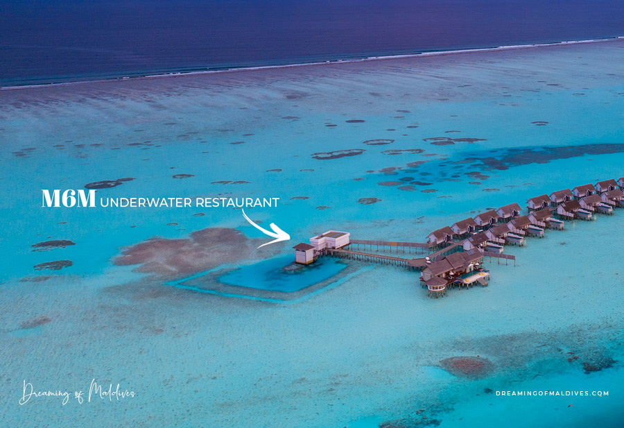 Vue aérienne OZEN Life Maadhoo restaurant sous-marin M6m M6m est situé au bout de la jetée des villas sur pilotis