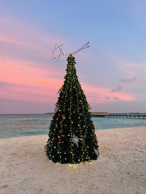 Sapin de Noël sur la plage de Mӧvenpick Resort Kuredhivaru Maldives