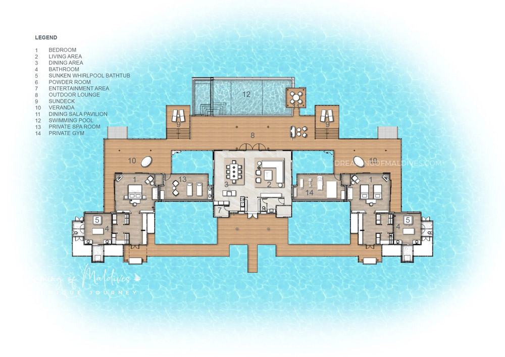 plan villa pilotis TWO BEDROOM OVER WATER POOL RESIDENCE anantara kihavah maldives
