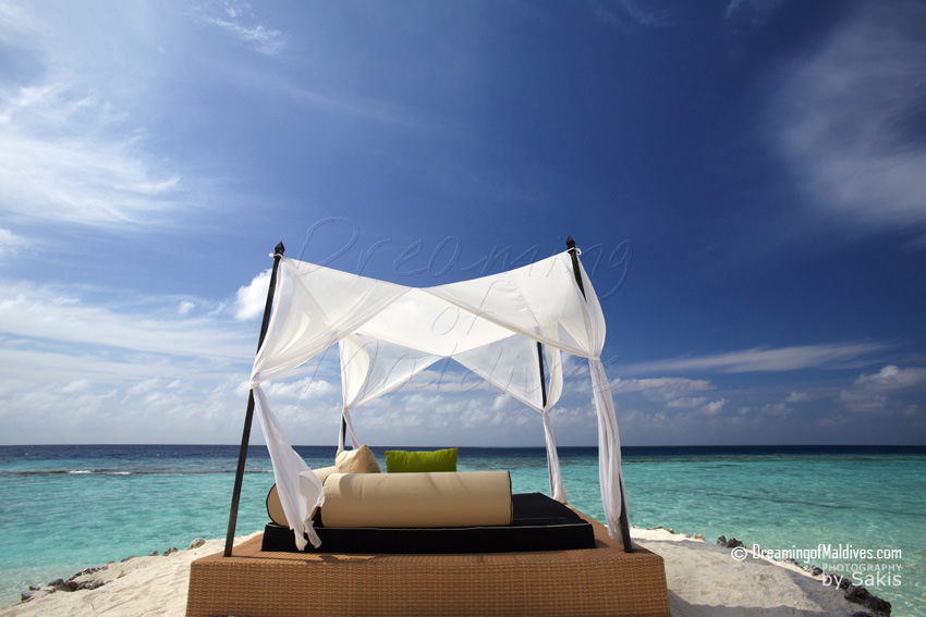 Huvafen Fushi Maldives Lounge Bed on the Beach
