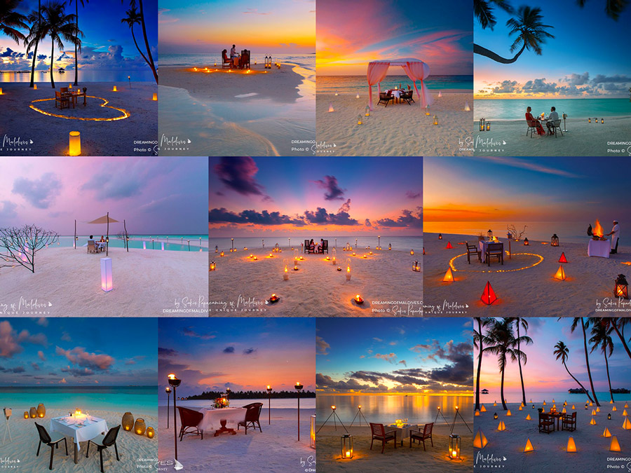 A beautiful photo gallery of romantic sunset beach dinners in Maldives