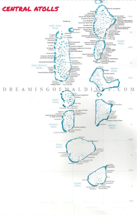 Maldives Map showing Central Atoll With All Resorts, Key Islands and Airports