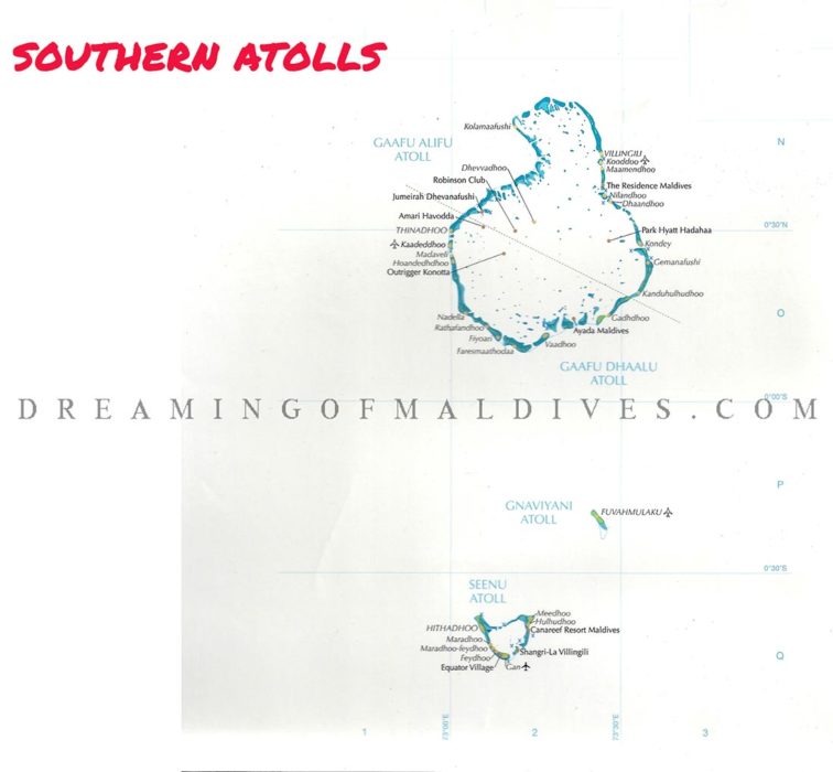Maldives Map showing South Atolls With All Resorts, Key Islands and Airports