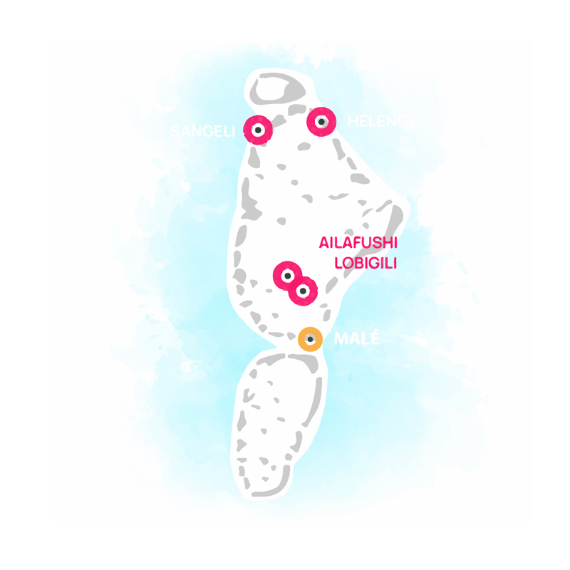 map North Male Atoll 
OBLU Ailafushi and OBLU Lobigili Locations