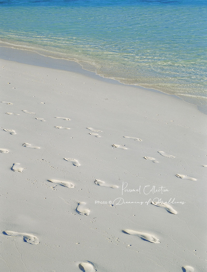 footseps on a maldivian natural island beach with fine sand