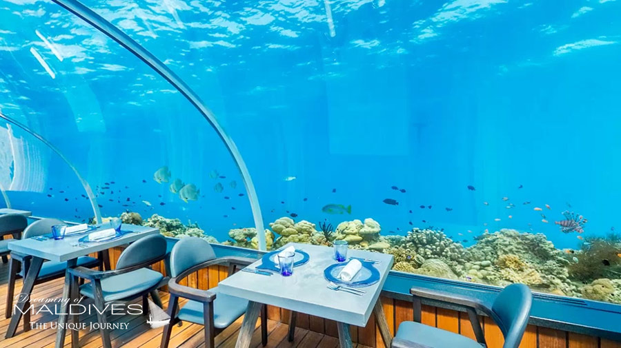 Dresscode at Underwater at restaurant 5.8 Hurawalhi Maldives. Come Barefoot !