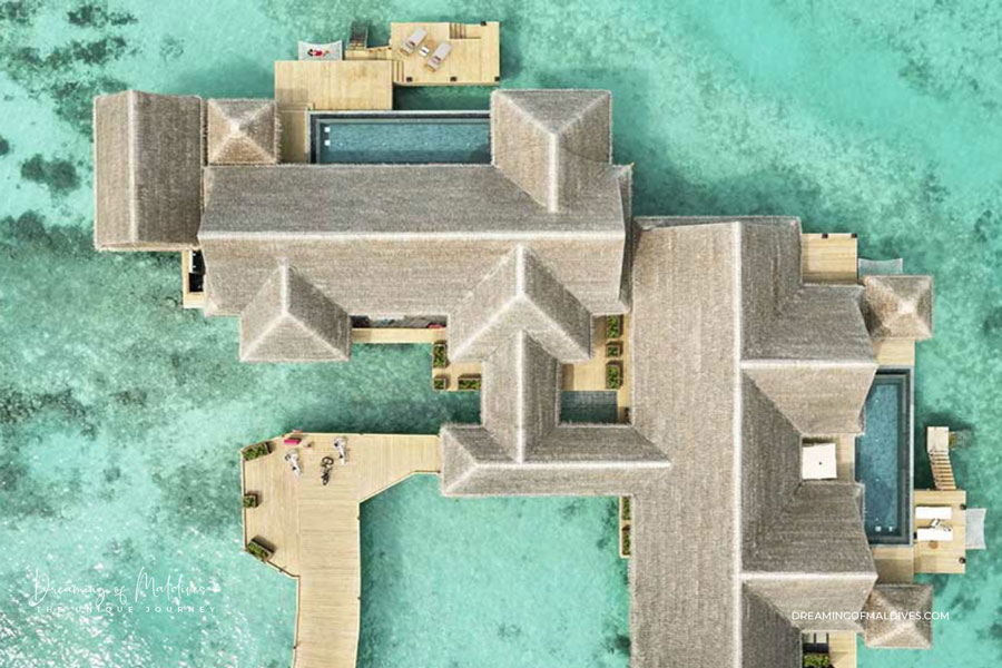 aerial view Joali Maldives water villa three bedrooms ocean residence with 2 pools
