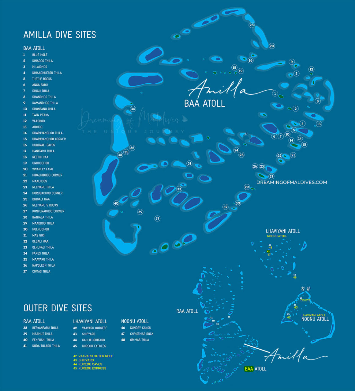 Amilla Maldives Map of the diving sites from the resort. Baa Atoll