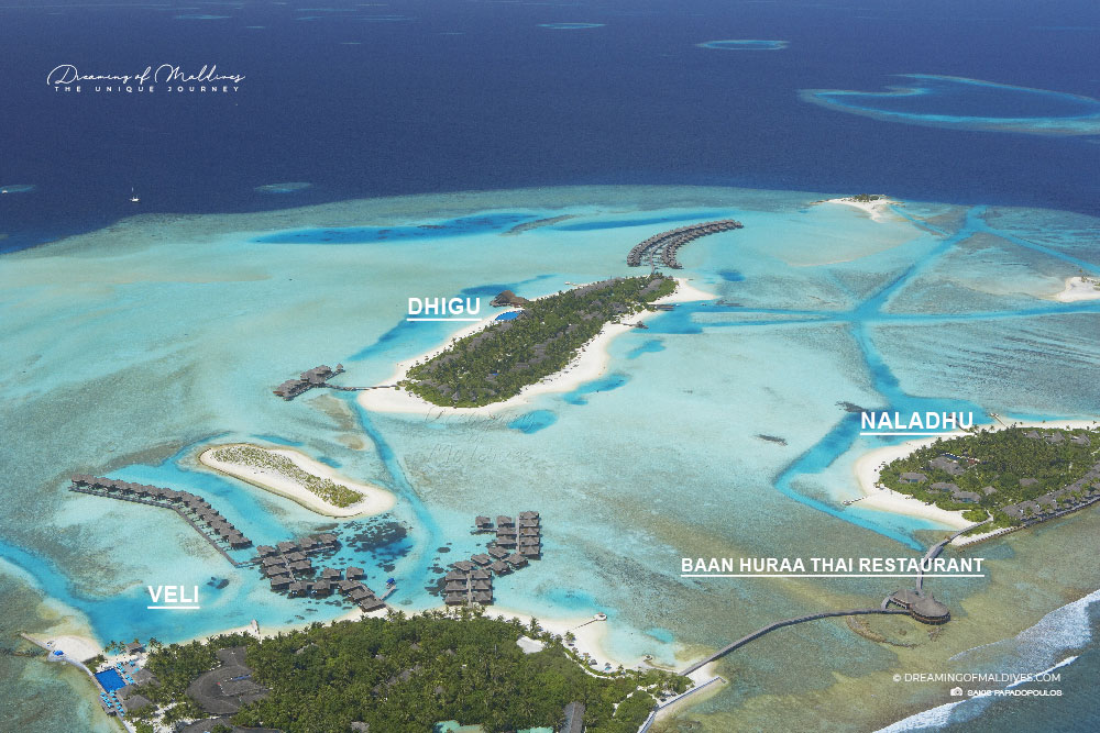 Aerial view of Anantara Dhigu Maldives with Veli, Naladhu and Baan Huraa restaurant