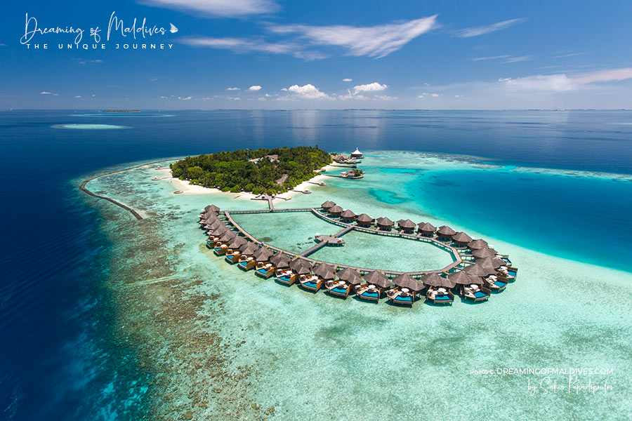 View of Baros Maldives water villas snorkeling house reefs aerial