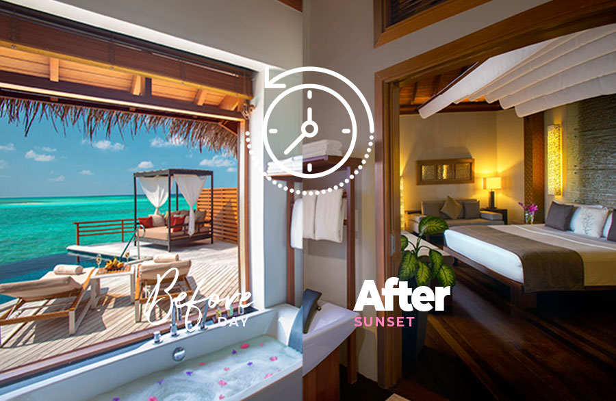 Baros Maldives Water Villa With a View at day and at sunset