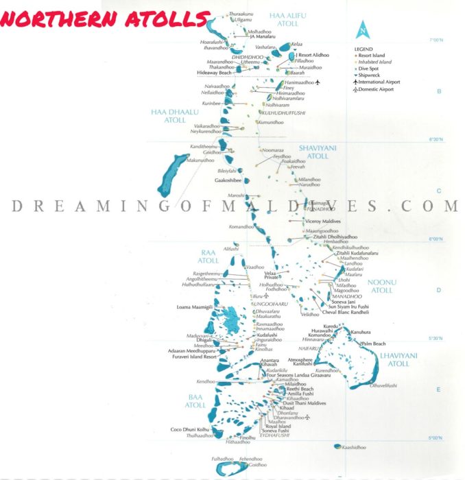 Maldives Map showing Northern Atoll With All Resorts, Key Islands and Airports