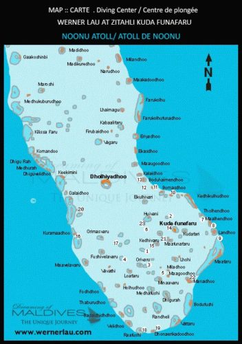 Noonu Atoll Diving Site Map reachable from Zitahli Kuda Funafaru
