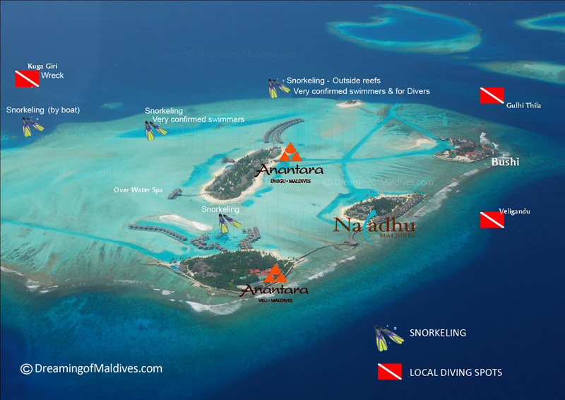 where to snorkel around Naladhu resort maldives Map of the snorkeling and diving spots around the resort