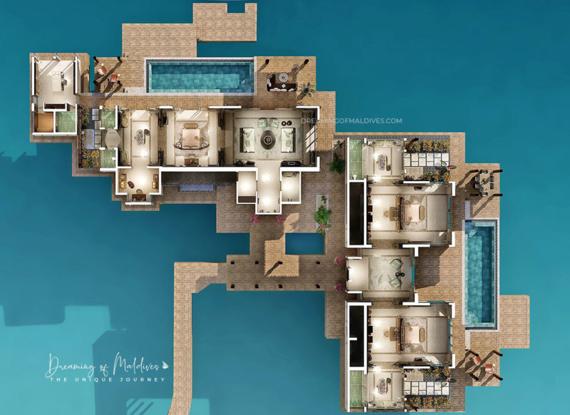 floor plan Three bedrooms ocean residence with 2 pools at Joali Maldives