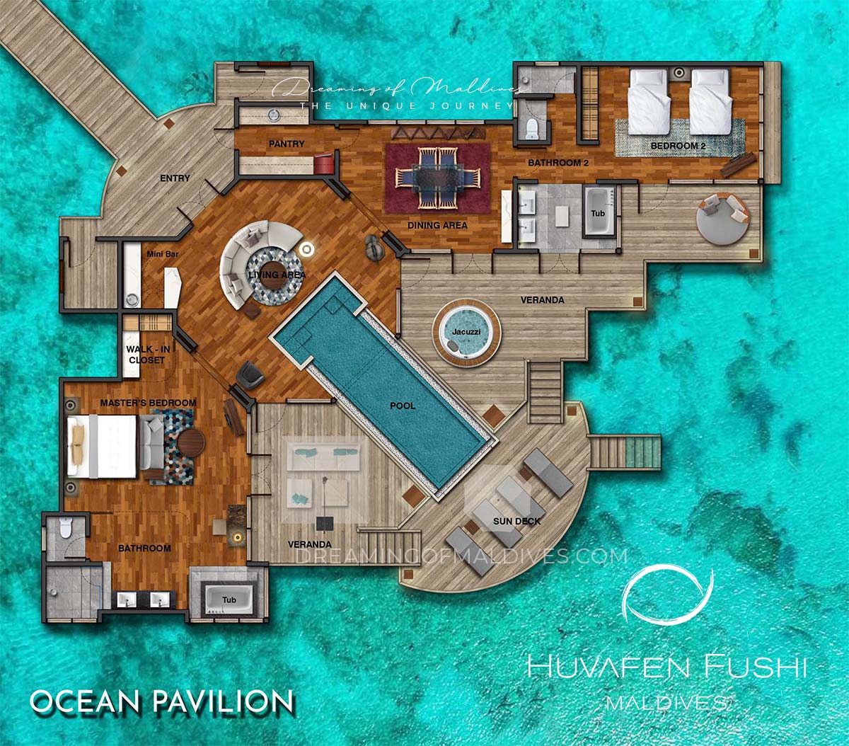 floor plan Two-Bedroom Ocean Pool Pavilion huvafen fushi maldives resort large water villa group