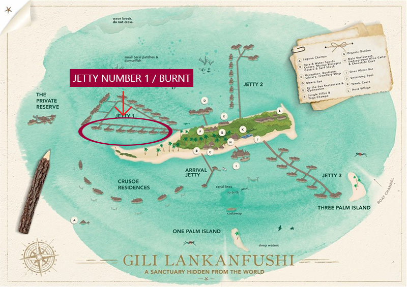 Map of Gili Lankanfushi showing the location of the starting fire. Jetty 1