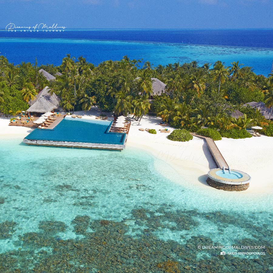 Huvafen fushi aerial view salt water pool lonu veyo and resort pool