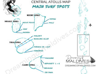 Map of Central Atolls surfing spots - Maldives
