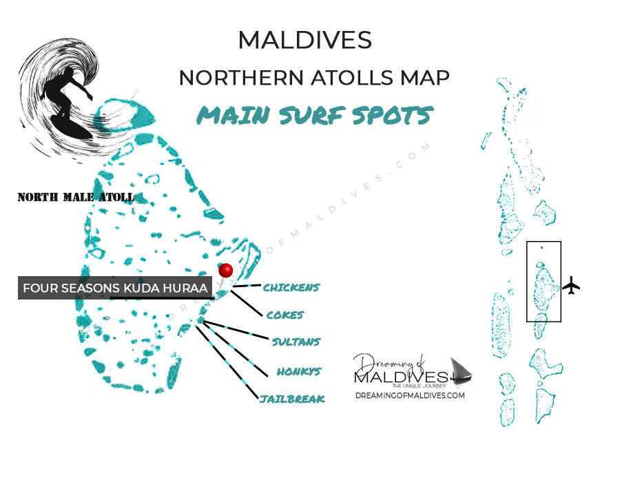 Map of North Male Atoll surfing spots close to Four Seasons Maldives Kuda Huraa